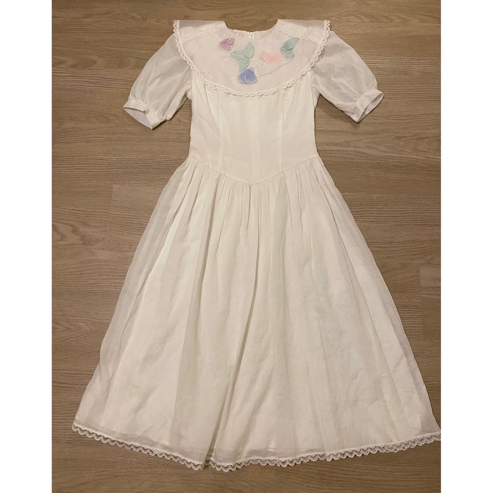 Vtg 80s Gunne Sax Jessica McClintock Prairie Dress 7/8 White Cottage Fairy